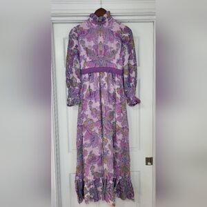 Vintage 70s Angelair by Monika Ruffled Mock Neck Floral Tapestry Maxi Dress 12